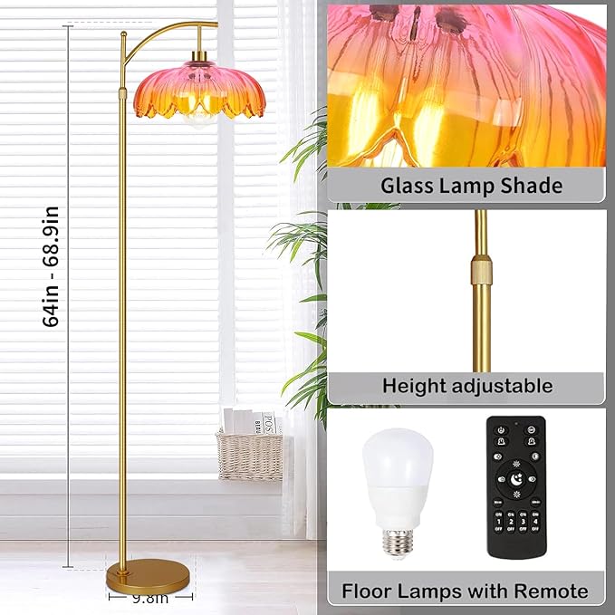 Floor Lamp for Living Room,Bedroom,Gold Dimmable Standing Lamp with Remote,Mid Century Modern Brass Tall Lamp Retro Vintage Glass Lamp Floor Light Boho Bohemian