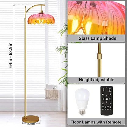 Floor Lamp for Living Room,Bedroom,Gold Dimmable Standing Lamp with Remote,Mid Century Modern Brass Tall Lamp Retro Vintage Glass Lamp Floor Light Boho Bohemian