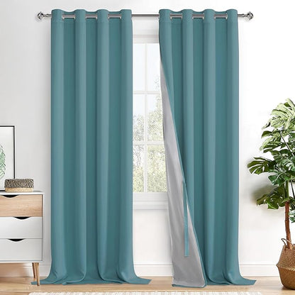 XWZO 100% Blackout Curtains - Thermal Insulated Black Liner Curtains, Noise Reducing and Heat Blocking Drapes for Hall and Studio Windows with Tiebacks, Stone Blue, W52 x L108, Set of 2