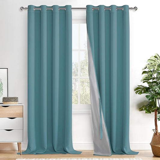 XWZO 100% Blackout Curtains - Thermal Insulated Black Liner Curtains, Noise Reducing and Heat Blocking Drapes for Hall and Studio Windows with Tiebacks, Stone Blue, W52 x L108, Set of 2