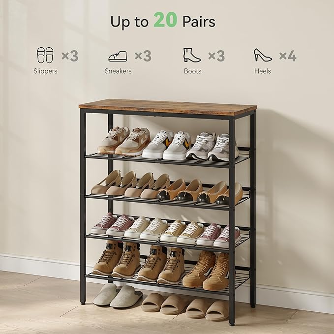 Shoe Rack for Closet,5 Tier Shoe Organizer for Entryway,Shoe Shelf with Storage Shelves and Spacious Top,Max Holds 20 of Shoes,Rustic Brown