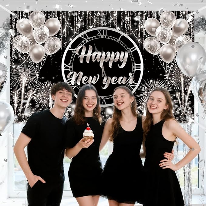 MEHOFOND Happy New Year Backdrop 2026 New Year Party Decorations Banner Black and Sliver Happy New Year's Eve Banner Sliver Balloons Glitter New Years Backdrop 6x3.6ft