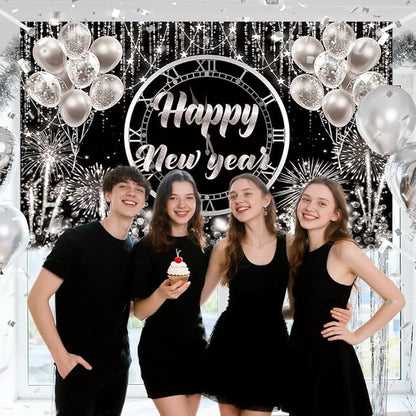 MEHOFOND Happy New Year Backdrop 2026 New Year Party Decorations Banner Black and Sliver Happy New Year's Eve Banner Sliver Balloons Glitter New Years Backdrop 6x3.6ft