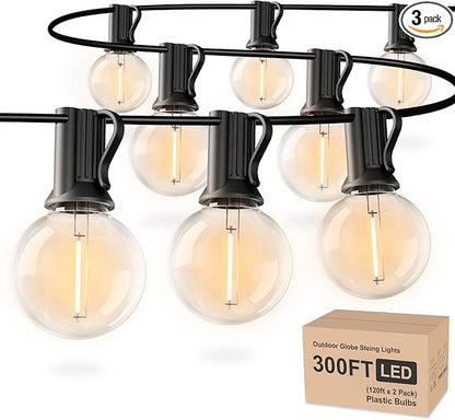 RTTY Outdoor String Lights 300ft, 3 Pack 100ft G40 Led Patio Globe Lights with 52pcs Bulbs,Shatterproof Waterproof Connectable Hanging for Porch Cafe Bistro Backyard Gazebo Balcony Deck Party