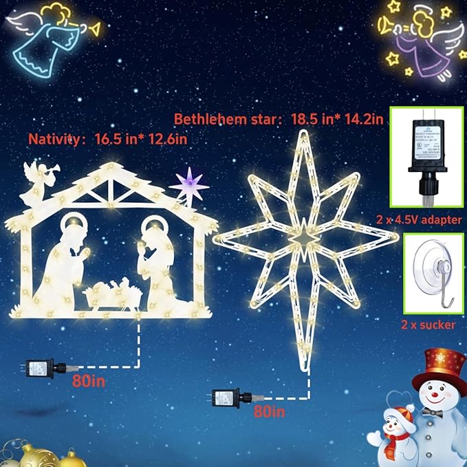 Christmas Decorations 17" Christmas Window Silhouette Lights Decorations - 2 Pack Nativity Scene with Lights ＆ Lighted Bethlehem Star for Holiday Indoor and Outdoor Wall Door Window Decorate