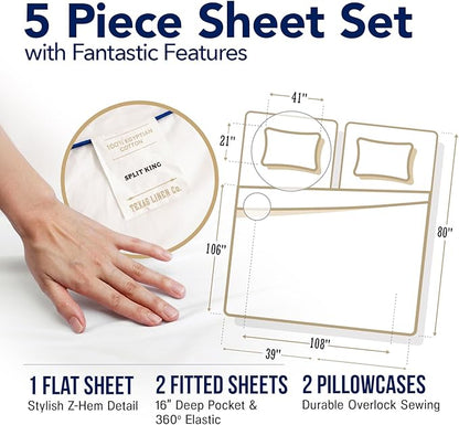 TEXAS LINEN CO. 100% Egyptian Cotton Split King White Sheet Set - 1000 Thread Count 5 PC Cotton Sheets for Adjustable Bed, Silky Soft, Cooling Luxury Hotel Sheets - Fits Upto 18” Deep Pocket