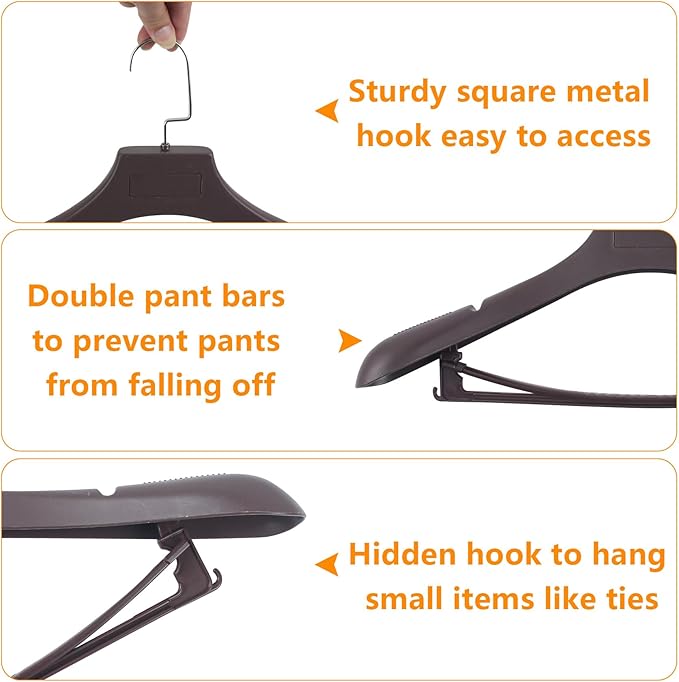 DEDU Suit Hangers for Men 10 Pack, Brown Coat Hangers Extra Wide Non Slip Width 17.7", Thick Plastic with Pants Bar & Metal Hook
