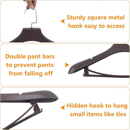 Suit Hangers for Men 6 Pack, Brown Coat Hangers Extra Wide Non Slip Width 17.7", Thick Plastic with Pants Bar & Metal Hook