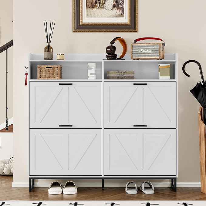 Shoe Cabinet with 4 Flip Drawers Narrow Shoe Storage Cabinet Organizer Wooden Freestanding Shoe Rack Hidden Slim Shoes Storage Cabinet for Entryway, Hallway, Living Room, Bedroom