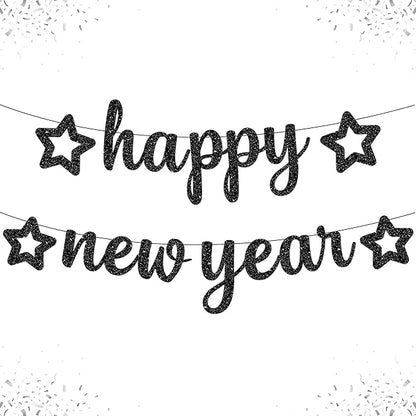 KatchOn, Glitter Happy New Year Banner Black - 10 Feet, No DIY | Black Happy New Year Sign | New Years Eve Party Supplies 2026 | New Years Banner, NYE Decorations 2026