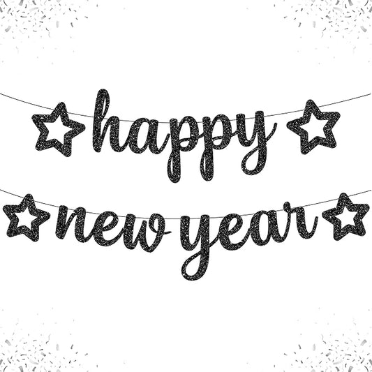KatchOn, Glitter Happy New Year Banner Black - 10 Feet, No DIY | Black Happy New Year Sign | New Years Eve Party Supplies 2026 | New Years Banner, NYE Decorations 2026