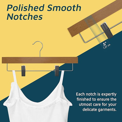 Natural Color Wooden Pants Hangers 10 Pack, Lotus Wood Hanger with Adjustable Non-Slip Clips, Heavy Duty 10 lb Capacity, 360° Swivel Hook, Slim, Space-Saving Design for Slacks, Jeans, Skirts