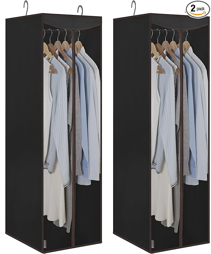 STORAGE MANIAC 2-Pack Hanging Garment Bag Zipper Cover with Sealed Clear Window, Long Garment Cover for Closet Storage Wardrobe Clothes Protector, Large Garment Storage Bag for Dresses,Suits, Black
