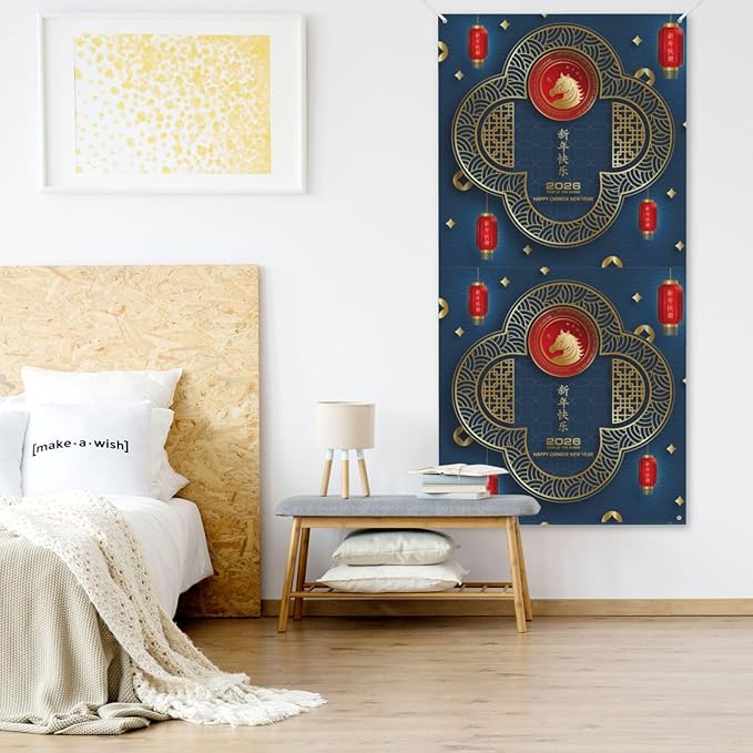 Year Of The Horse Happy Chinese New Year 2026 Door Cover Decorations Banner Flag Welcome Hanging Backdrop Sign Party Background Decor Holiday Supplies 35 * 72 Inches