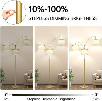 Dimmable Gold Floor Lamp, 3 Lights Arc Floor Lamps for Living Room, Modern Tall Standing Tree Lamp with White Shade & Heavy Base, Large Floor Lamp for Bedroom Office, 3x1000 LM LED Bulbs Included