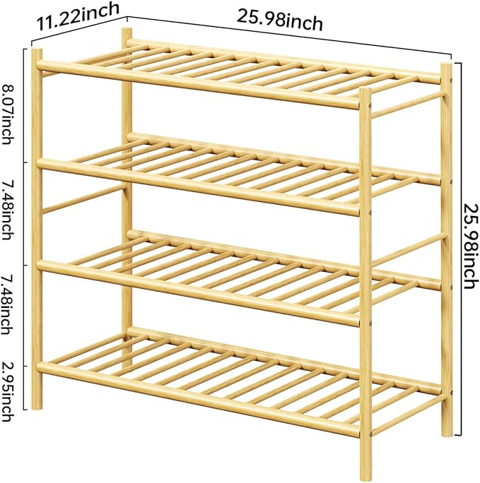 Bamboo Shoe Rack for Closet Small Wooden Shoe Organizer with Pouch, Sturdy Wood Shoe Shelf for Front Door Entrance Entryway and Outdoor, 26 inch Wide (Natural, 4-Tier)