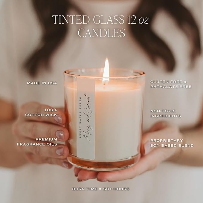 Sweet Water Decor Mango and Coconut Scented Soy Candles – Pineapple, Mango, Orange, Peach, Coconut Milk, Sugar – Fresh Tropical Aroma – 50 Hour Burn – 12oz Tinted Glass Jar for Home Decor