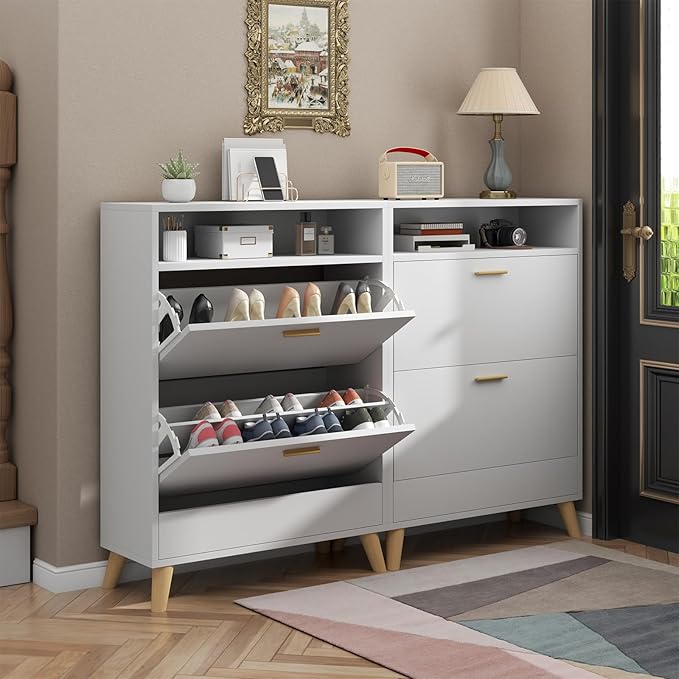 Shoe Storage Cabinets, Free Standing Shoe Organizer with 2 Flip Drawers for Entryway, Narrow 3 Tier Entryway Hidden Shoe Rack with Doors (Off White)