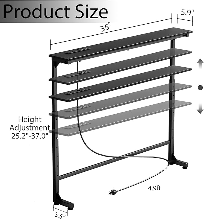 35 inch Narrow Console Table with Outlet,Adjustable Height(25"-37") Behind Sofa Table,Couch Behind Table Skinny,Couch Shelf with Charging Station,Long Entryway Tables for Living Room,Black