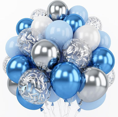 Metallic Blue Silver Balloon, 60 Pcs 12 Inches Chrome Blue White Balloon with Silver Balloons Glitter Confetti Balloons for Boys Baby Shower, Birthday, Baptism,Wedding Decorations