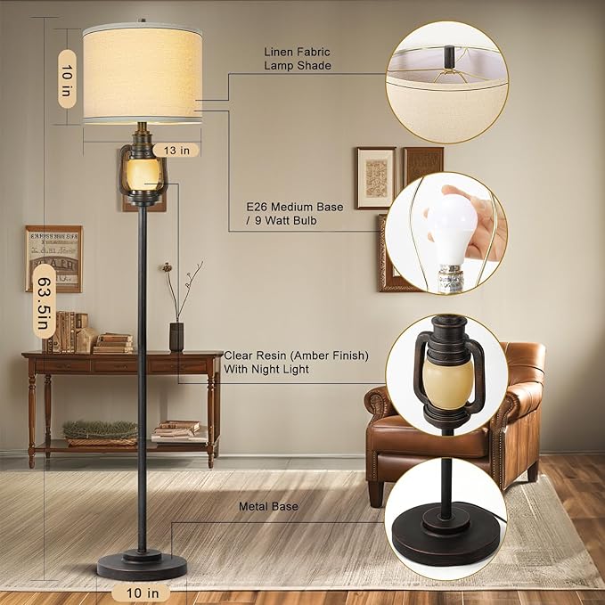 Floor Lamp for Living Room Vintage Standing Lamp with Linen Fabric Hardback Shade Industrial Tall Lamp With Night Light Decor for Living Room, Bedroom,Study, Home Office (Bulb Included)