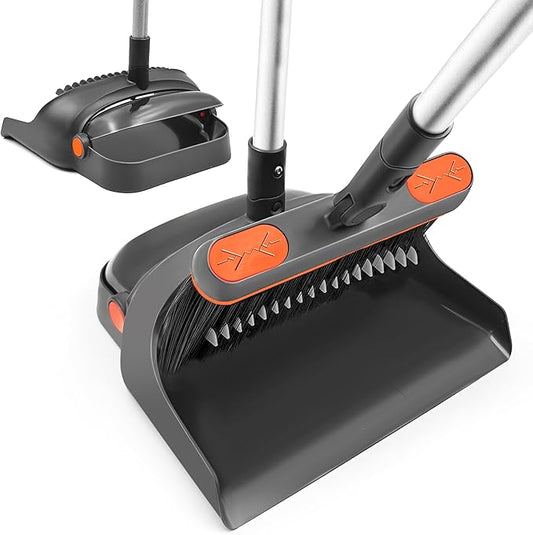 Broom with Dustpan Combo Set, 54'' Extendable Long Handle Broom, 180 Degree Rotating Brush Indoor Upright Standing Dustpan with Comb Teeth, Ideal for Home, Kitchen, Lobby, and Office