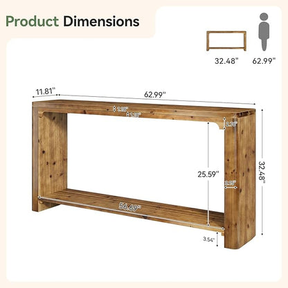 2-Tier Solid Wood Console Table, 63" Farmhouse Couch Table Behind Sofa, Entryway Table with Storage for Living Room, Entrance, Foyer, Hallway (Rustic Brown)