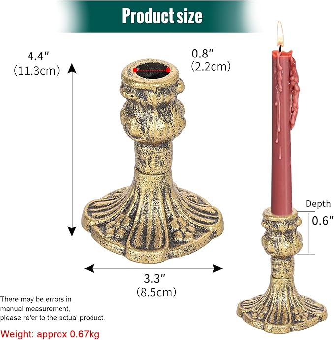 Sungmor Vintage Gold Cast Iron Candle Holder – 4.4" Tall Decorative Rustic Taper Candle Stand – Heavy Antique-Style Candlestick for Table Centerpiece, Fireplace Mantel, or Farmhouse Home Décor