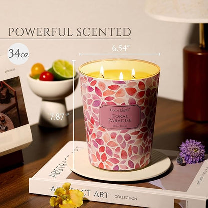 HomeLights Scented Candles | Large Jar 34 Oz Natural Soy Candle | 130 hrs Long-Lasting with 3 Wicks | Bohemian Natural for Home Decor | Gifts for Mom & Women, Coral Paradise