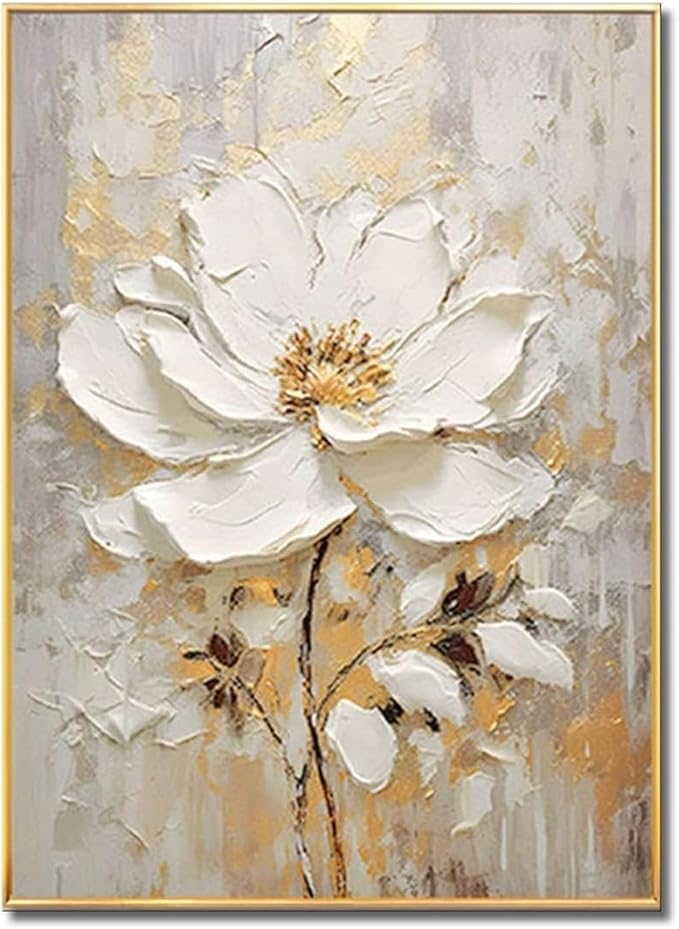 Large Hand Painted Flower Oil Painting for Ofiice-3D White Floral Canvas Wall Art for Bedroom- Framed Modern Artwork for Living Room Home Decoration 32x48inches