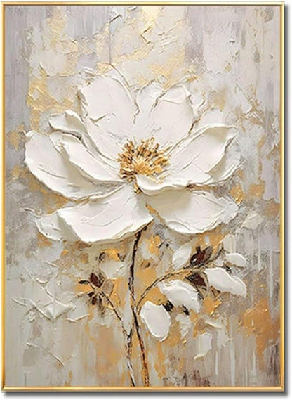 Large Hand Painted Flower Oil Painting for Ofiice-3D White Floral Canvas Wall Art for Bedroom- Framed Modern Artwork for Living Room Home Decoration 32x48inches