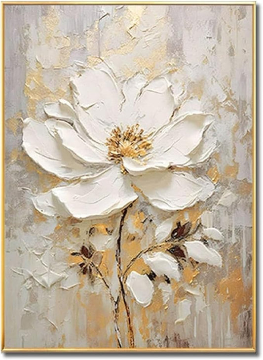 Large Hand Painted Flower Oil Painting for Ofiice-3D White Floral Canvas Wall Art for Bedroom- Framed Modern Artwork for Living Room Home Decoration 32x48inches