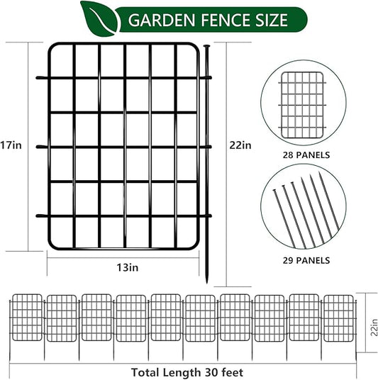 30ft x 22in Garden Fence Animal Barrier, 28 Panels No Dig Fence Border, Rustproof Metal Decorative Garden Fence with Ground Stake, Flower Bed Edging Border for Dog, Rabbit, Outdoor Yard Patio Decor