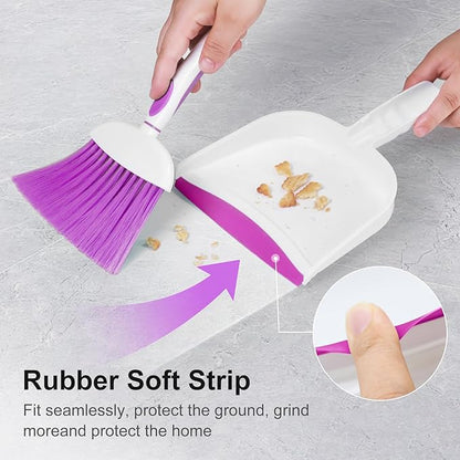 NACENA Small Dust Pan and Brush Set, Mini Broom and Dustpan Set Small Hand Broom and Brush Combo Dust Pan with Teeth for Home Cleaning Drawers Desktop Sofas Pet Care and Outdoor, Purple