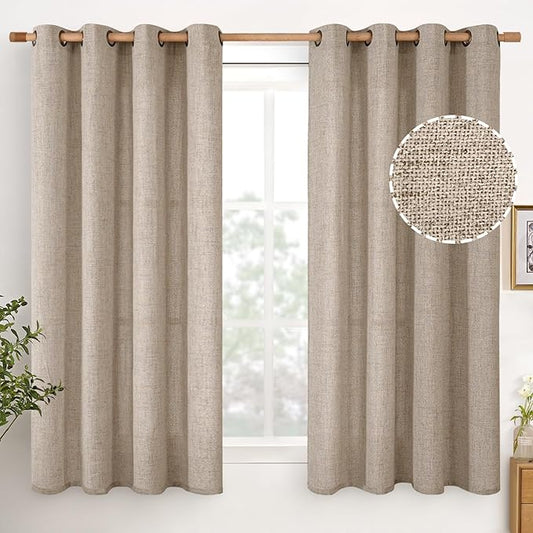 YoungsTex Oatmeal Short Linen Curtains 45 Inch Length for Kitchen Bathroom Window, Burlap Semi Sheer Drapes with Bronze Grommet Light Filtering for Cafe Bedroom, 52 x 45 Inch, 2 Panels