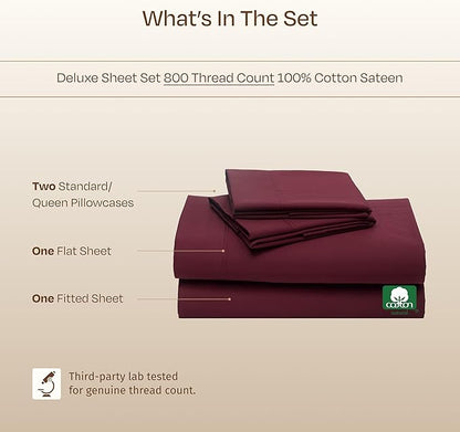 California Design Den Natural 100% Cotton Sheets Queen Size Bed Set Deep Pockets - Luxury Hotel 800 Thread Count, Soft Sateen Cotton Bed Sheets Queen, Anti-Skid Elastic, Cool and Durable - Red Wine
