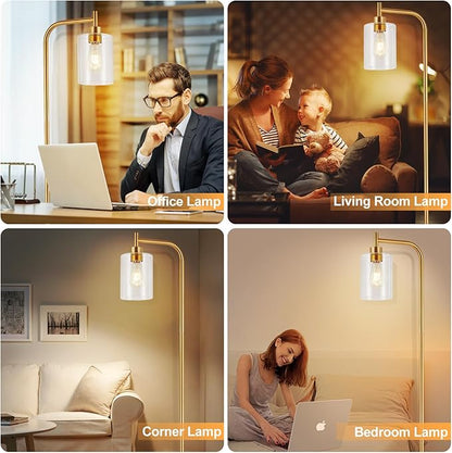 DLLT Floor Lamp Tall for Room: Gold Standing Lamp with Clear Glass Lampshade for Living Room - Modern Bright Lamp for Bedroom - Industrial Corner Floor Lamps for Office 8W Led Bulb Included