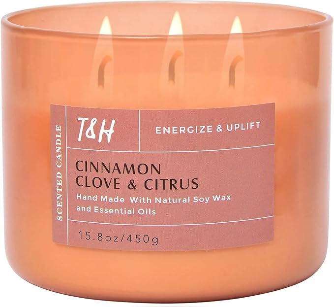 Cinnamon Clove Citrus 3 Wick Soy Candle Large 15.8oz | Spiced Orange Scented Candles for Home | Clean Burn Long Lasting Candle | Warm Cozy Aromatherapy Candle | Housewarming Birthday Gift