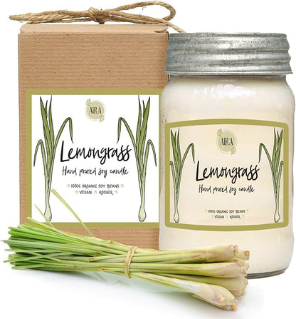 Aira Soy Candles - Organic, Kosher, Vegan, in Mason Jar w/Therapeutic Grade Essential Oil Blends - Hand-Poured 100% Soy Candle Wax - Paraffin Free, Burns 110+ Hours - Lemongrass - 16 Ounces