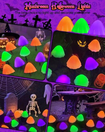 2PK 55FT 32LED Orange and Green Solar Mushroom Lights Outdoor, Solar String Light with 8 Lighting Modes Auto On/Off, Halloween Garden Lights for Witch Decorations