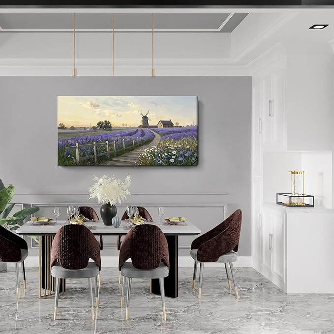amatop Oversized Wall Picture for Living Room Farmhouse Purple Lavender Artwork Pastoral Countryside Scenery Daisy Flowers Floral Canvas Prints Panoramic Sunset Landscape Picture Bedroom 58x29 In