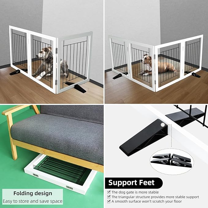 ZJSF Freestanding Dog Gate Indoor, Foldable Dog Fence for Doorways,Hallways or Stairs, Sturdy Wood Extra Wide Pet Gate with Support Feet,White