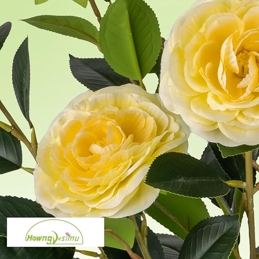 2 Pack Artificial Camellia Tree with White Pot, 24" Faux Potted Plants for Indoor Outdoor Decor, Tall Silk Greenery Plant for Home Office Living Room Balcony, Yellow