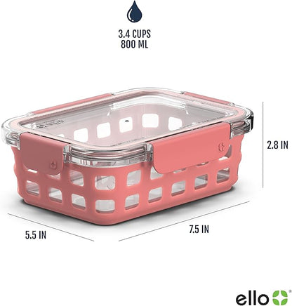 Ello Duraglass 3.4 Cup Meal Prep Sets 10Pc, 5 Pack Set- Glass Food Storage Container with Silicone Sleeve and Airtight BPA-Free Plastic Lids, Dishwasher, Microwave, and Freezer Safe, Melon
