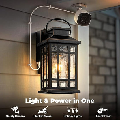 2-Pack Outdoor Wall Light with GFCI Outlet, Black Exterior Lighting Fixtures with Gold Trim, Dusk to Dawn Outdoor Lights for House Garage Coach, Outside Light with Outlet, Aluminum, Hardwired