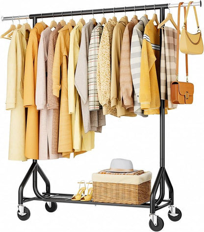Heavy-Duty 450LBS Capacity Metal Clothes Rack，Rolling Clothing Rack with Wheels & Shelves, Portable Standing Wardrobe Rack for Hanging Clothes, Black