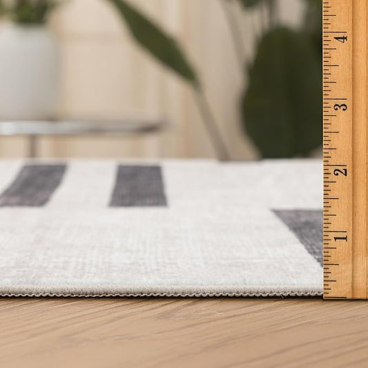 ReaLife Rugs Machine Washable Area Rug Runner - Living Room Bedroom Bathroom Kitchen Entryway Office -Non-Slip Baking Low Pile Stain Resistant Premium - Modern Geometric - Loki-Beige & Black 2'6" x 8'