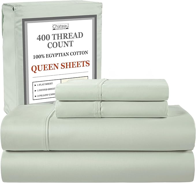100% Egyptin Cotton Sheets Queen Size Bed Set, 400 Thread Count 15" Deep Pocket Queen Sheets, Sateen Weave 4 Piece Naturally Cool Soft Breathable Elasticated Luxury Bedding For All Seasons- Mineral