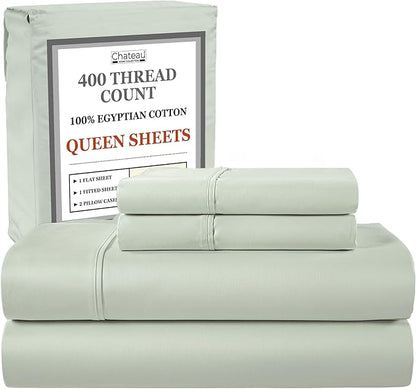 100% Egyptin Cotton Sheets Queen Size Bed Set, 400 Thread Count 15" Deep Pocket Queen Sheets, Sateen Weave 4 Piece Naturally Cool Soft Breathable Elasticated Luxury Bedding For All Seasons- Mineral