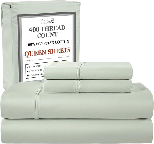 100% Egyptin Cotton Sheets Queen Size Bed Set, 400 Thread Count 15" Deep Pocket Queen Sheets, Sateen Weave 4 Piece Naturally Cool Soft Breathable Elasticated Luxury Bedding For All Seasons- Mineral